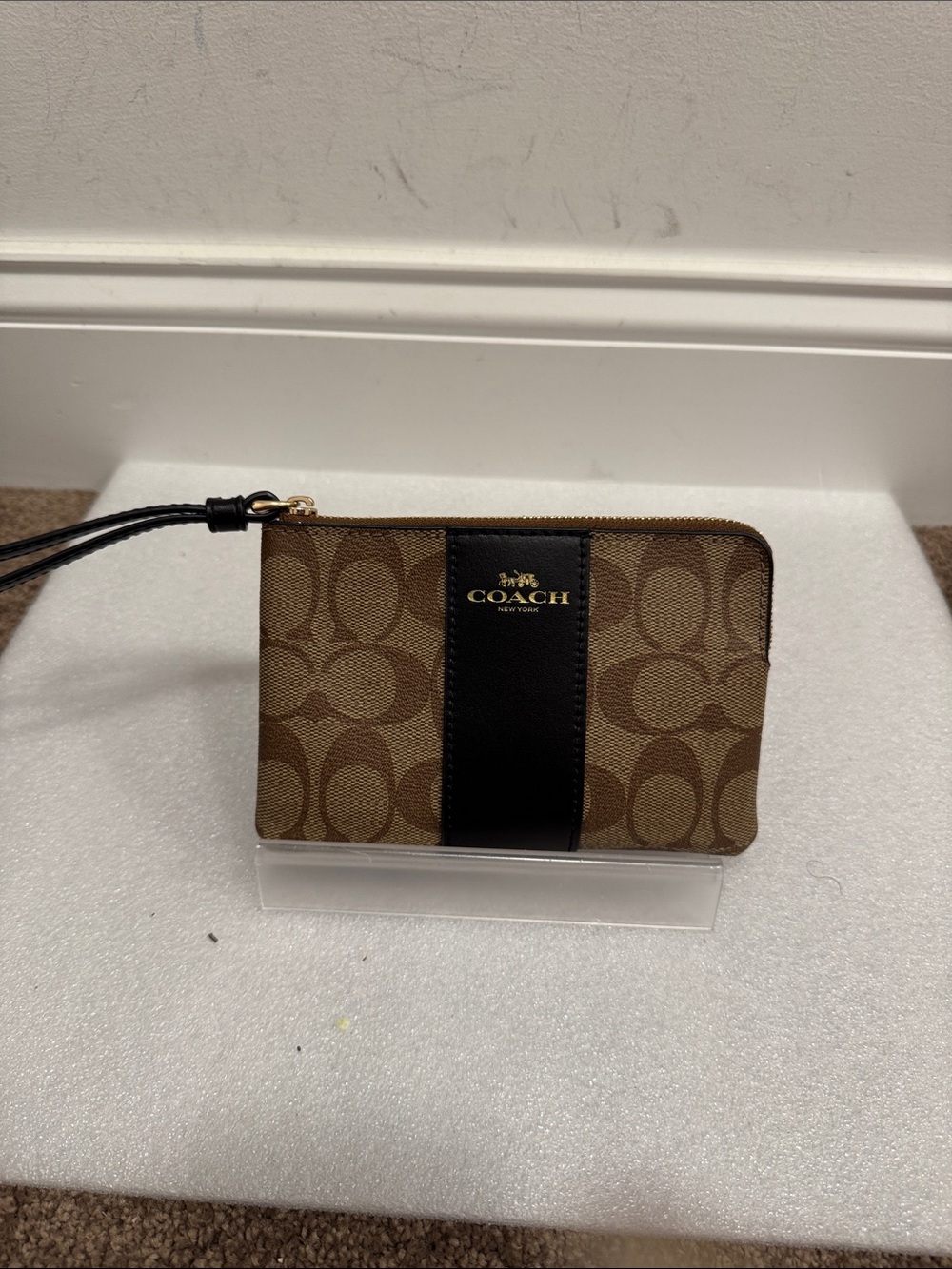 Coach Brown Signature Canvas Wristlet with Black Leather Stripe